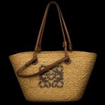 Woven Raffia Tote Bag with Leather Emblem