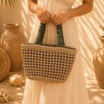 Woven Straw Basket Bag with Fabric Handles