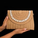 Woven Raffia Clutch with Cowrie Shells