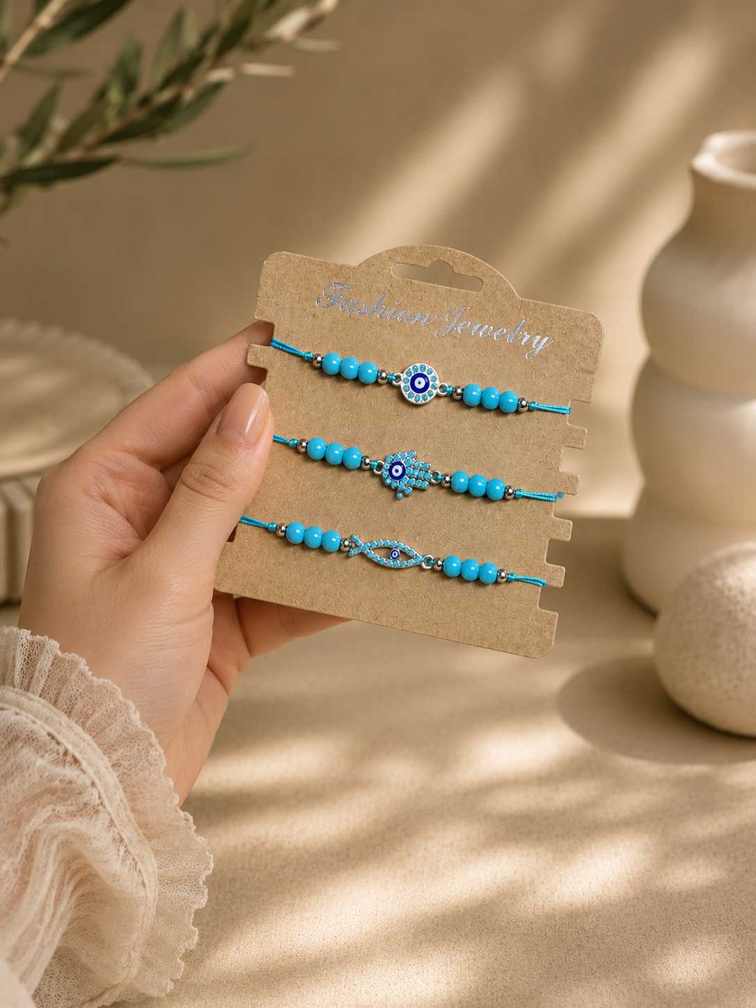 IMG_7066 3-Piece Turquoise Beaded Evil Eye Bracelet Set - Image 1